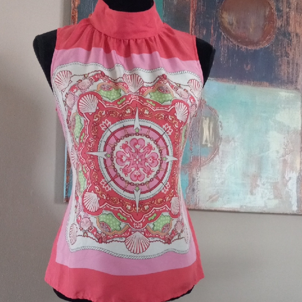Vineyard Vines Coral and Lime Mandala Blouse Size: 8 - Picture 3 of 13